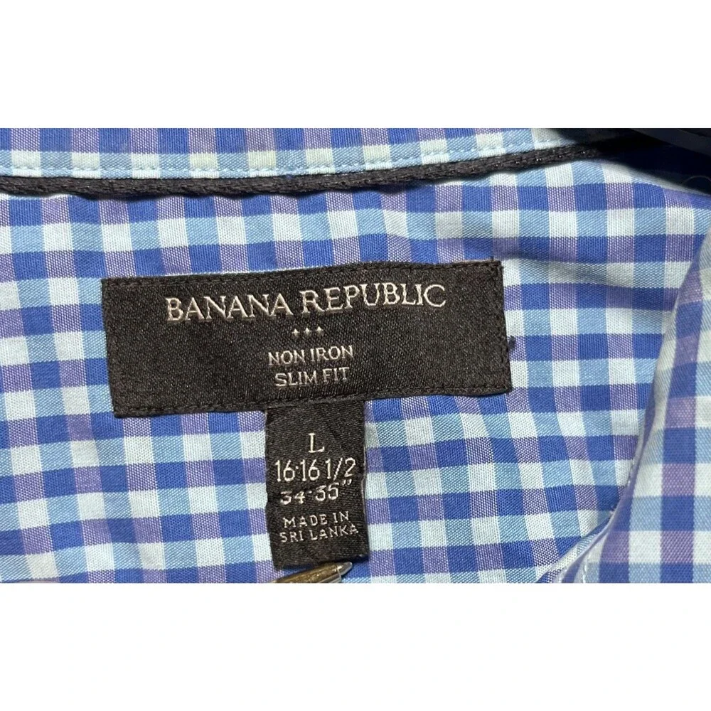 Banana Republic Shirt Mens L 16-16.5 34-35 Slim Fit Non Iron Blue Gingham Check